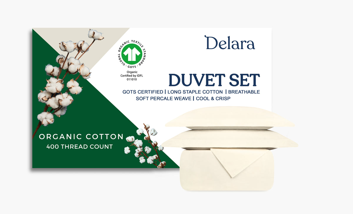 Delara GOTS Certified 100% Organic Cotton Percale Duvet Cover Set and Sham 400TC, Ultra Soft, Smooth & Breathable