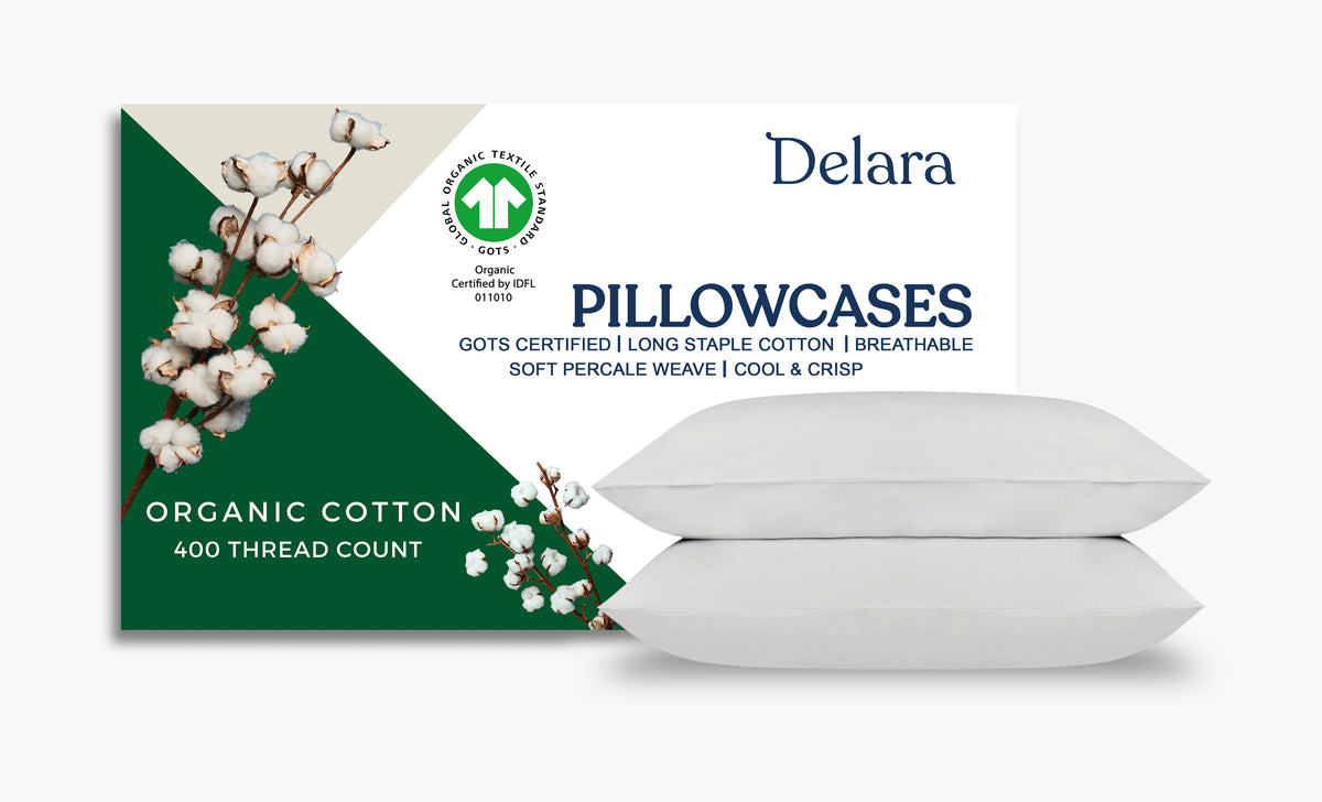 Delara 100% Organic Cotton Percale Weave Pillowcase Set of 2, 400TC GOTS Certified, Smooth & Moisture-Wicking Pillowcases