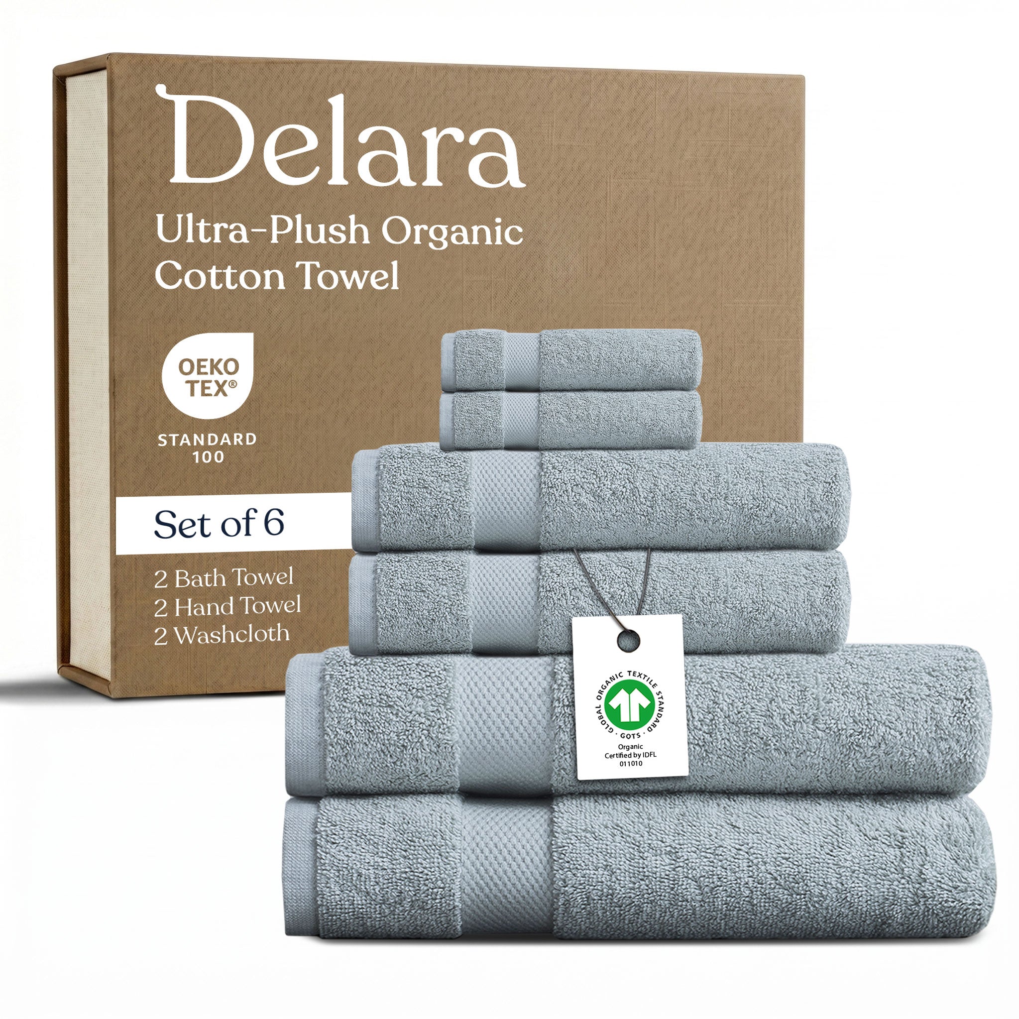 Delara GOTS Certified Organic Cotton Towel Set 6-Piece, Ultra-Plush Spa Towels - 2 Bath, 2 Hand, 2 Washcloths