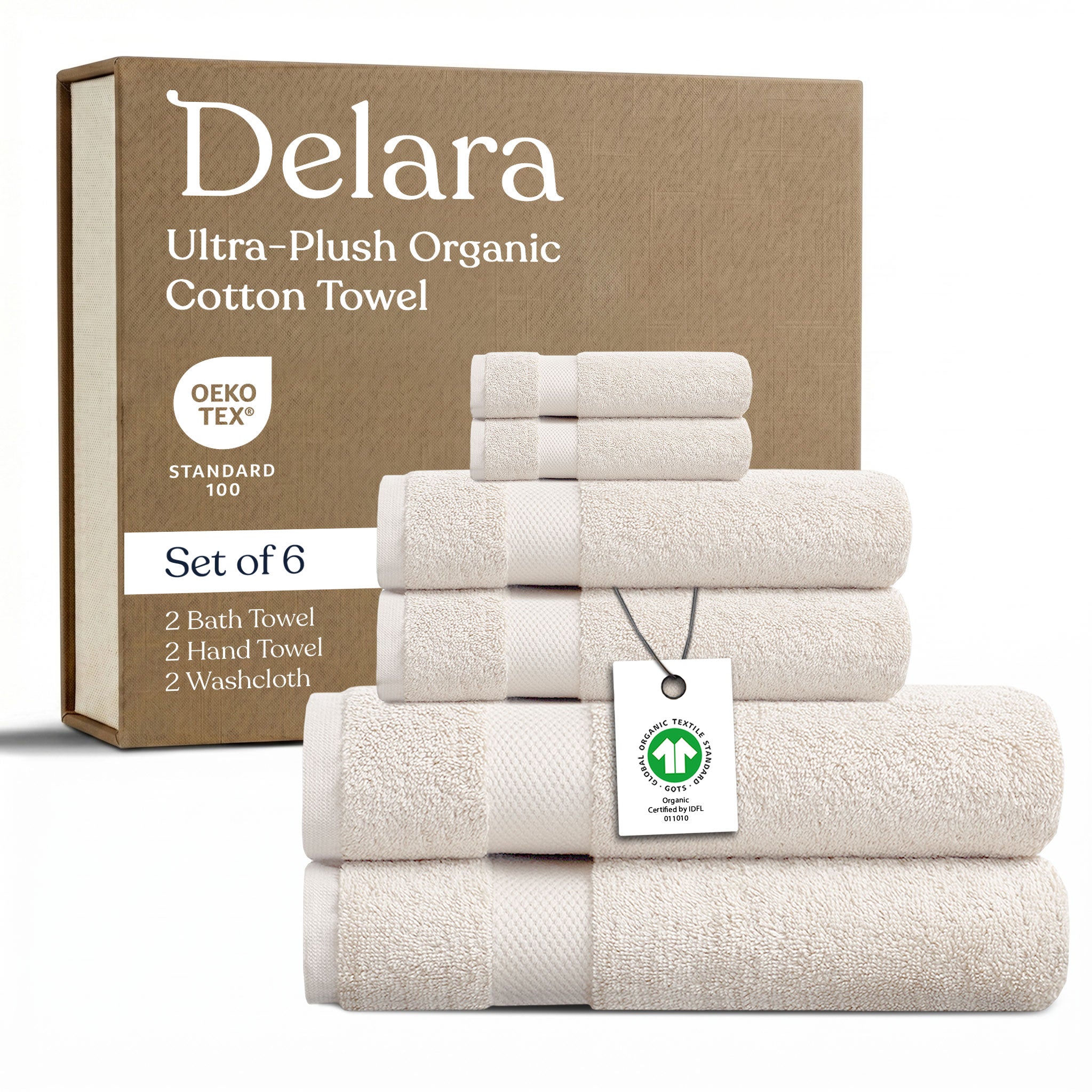 Delara GOTS Certified Organic Cotton Towel Set 6-Piece, Ultra-Plush Spa Towels - 2 Bath, 2 Hand, 2 Washcloths