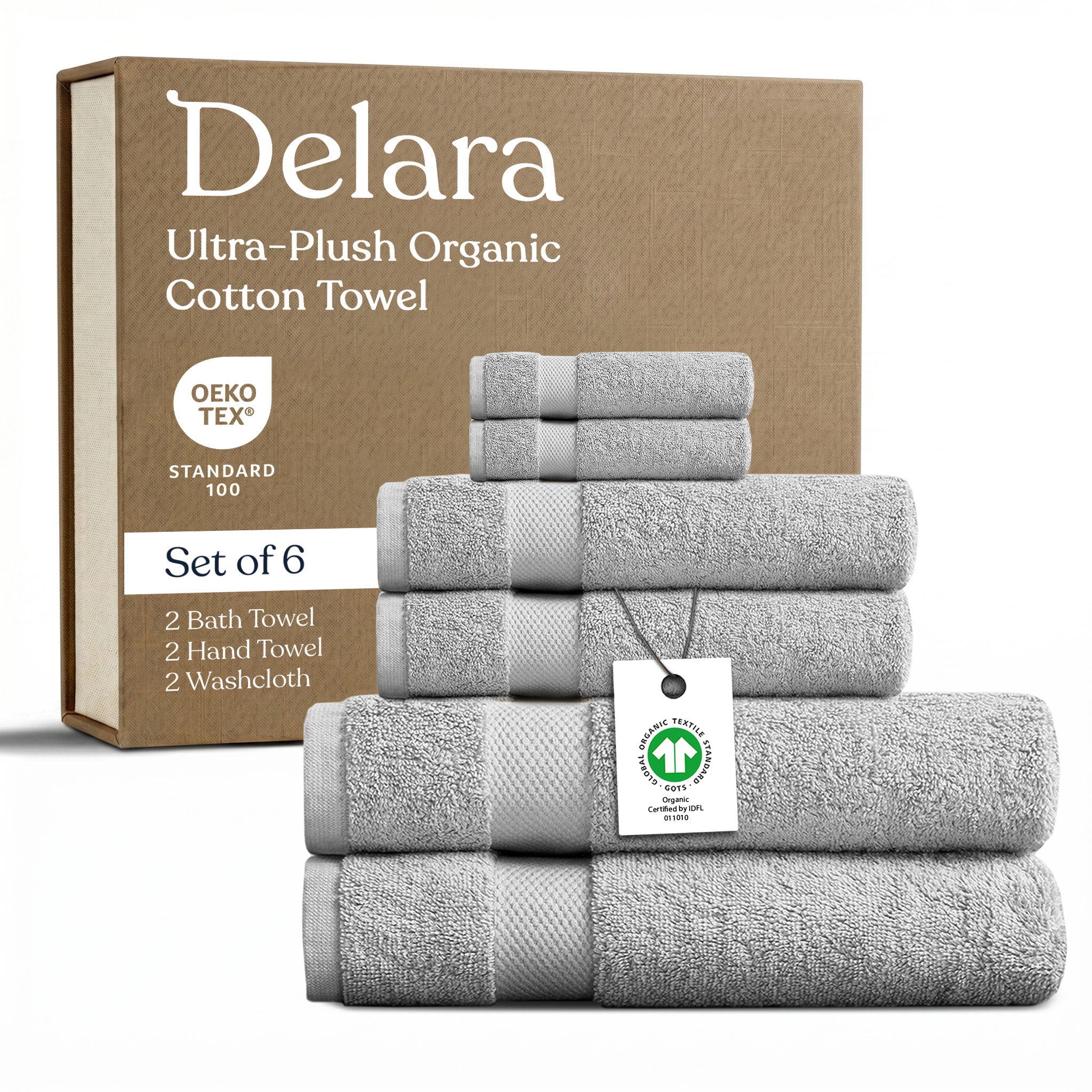 Delara GOTS Certified Organic Cotton Towel Set 6-Piece, Ultra-Plush Spa Towels - 2 Bath, 2 Hand, 2 Washcloths