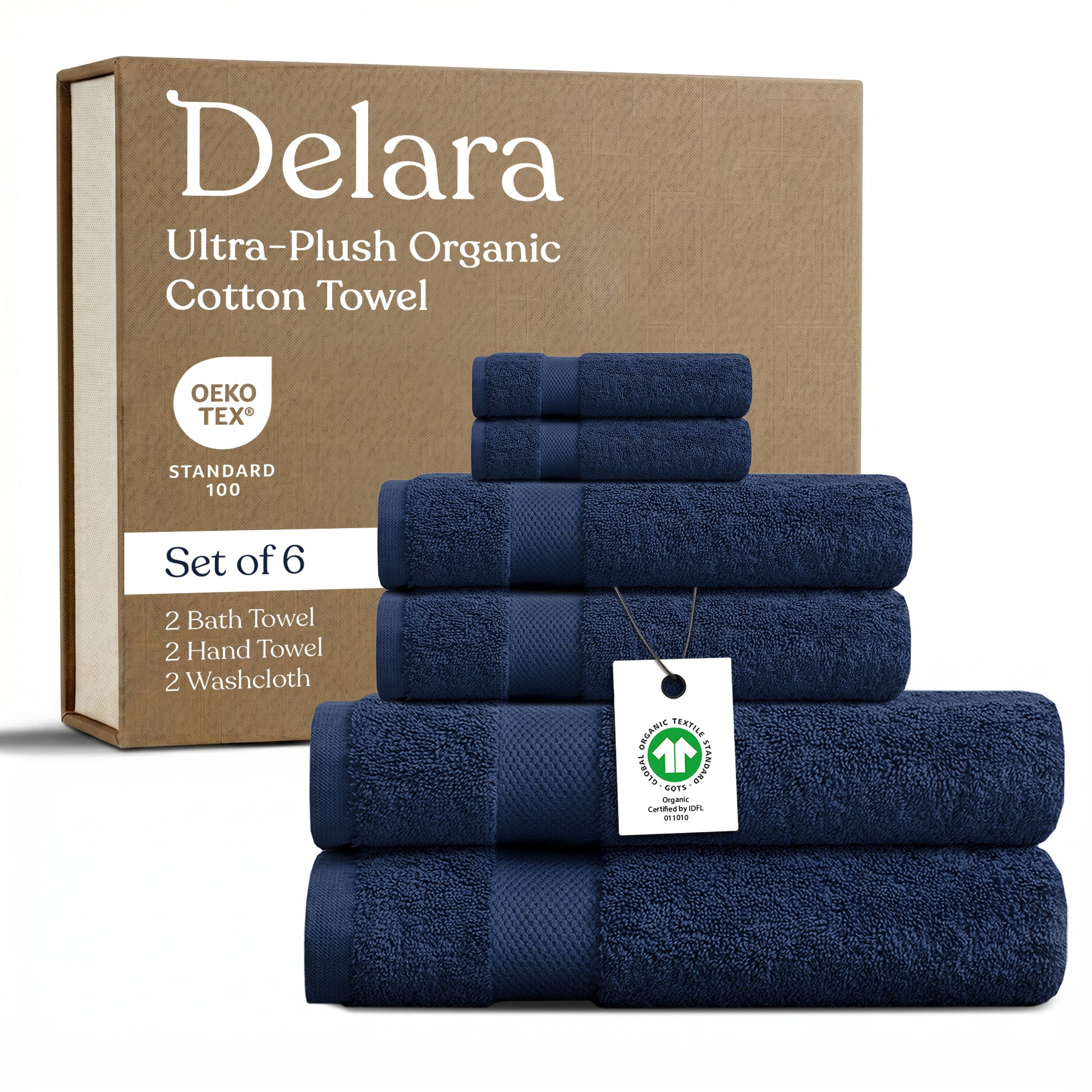 Delara GOTS Certified Organic Cotton Towel Set 6-Piece, Ultra-Plush Spa Towels - 2 Bath, 2 Hand, 2 Washcloths