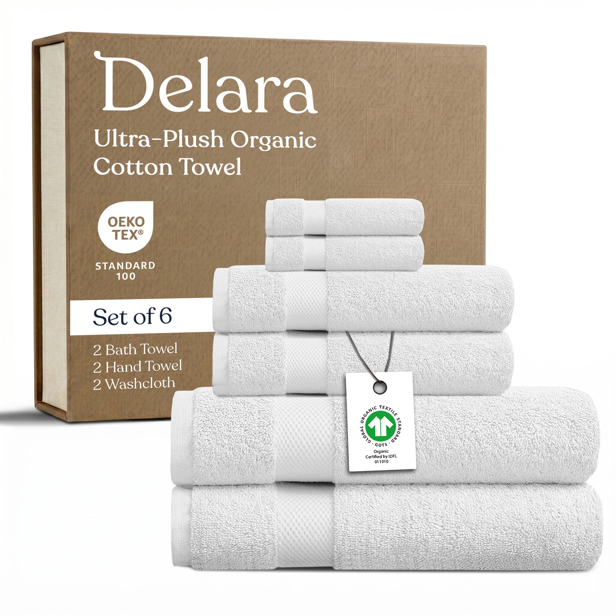 Delara GOTS Certified Organic Cotton Towel Set 6-Piece, Ultra-Plush Spa Towels - 2 Bath, 2 Hand, 2 Washcloths