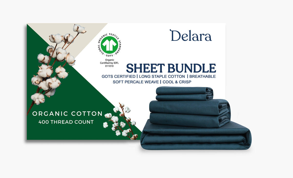 Delara GOTS Certified 100% Organic Cotton Percale 400TC Bedding Bundle, Moisture-Wicking, Smooth & Breathable Sheet Bundle