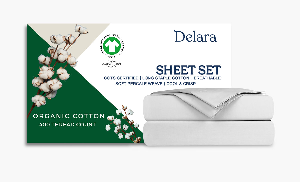 Delara 100% Organic Cotton Percale Weave Sheet sets, 400 TC GOTS Certified, Smooth & Moisture-Wicking Sheets and Pillowcase