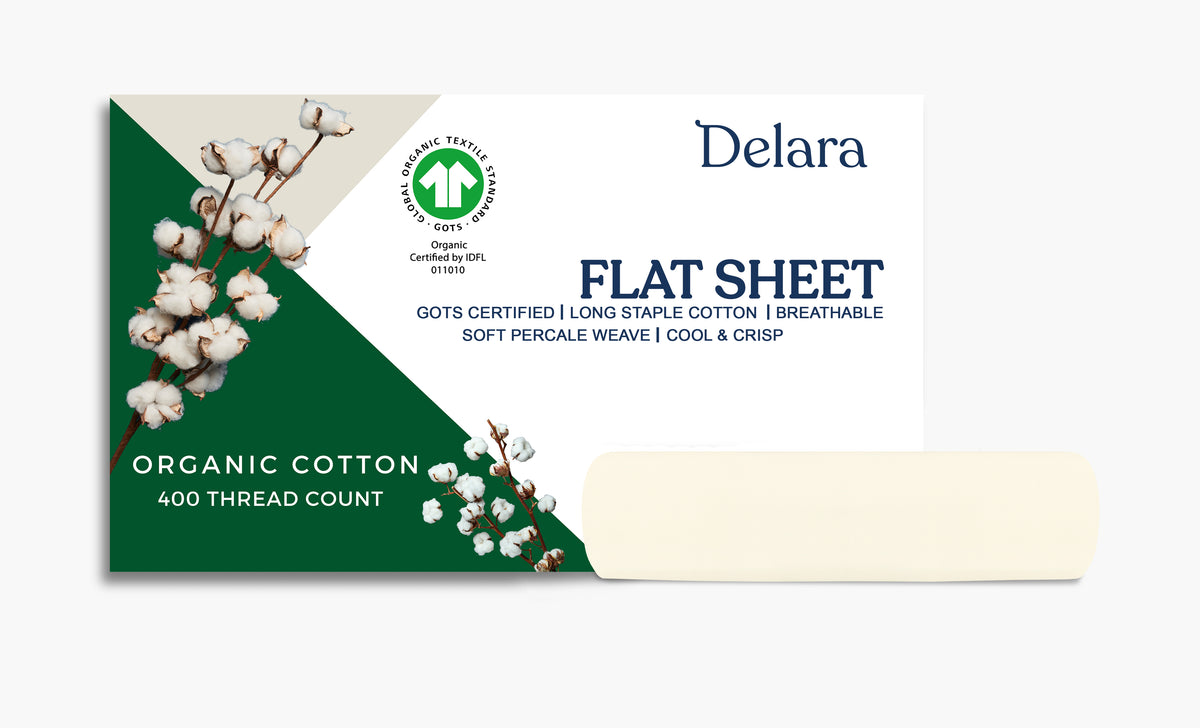 Delara 100% Organic Cotton Percale Weave Flat Sheet, 400 Thread Count GOTS Certified, Smooth & Moisture-Wicking Breathable Bedding