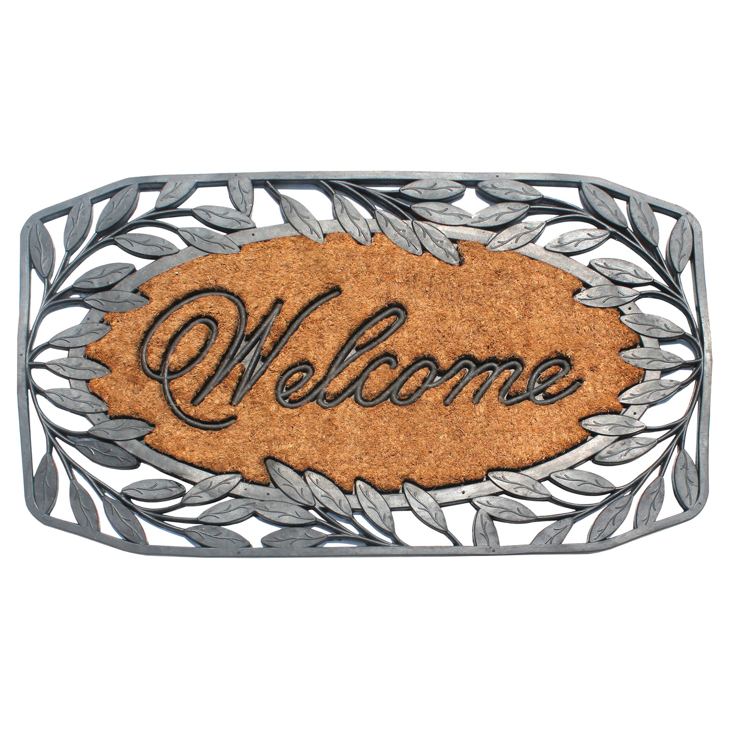 welcome rubber coir door mat with decorative leaf border
