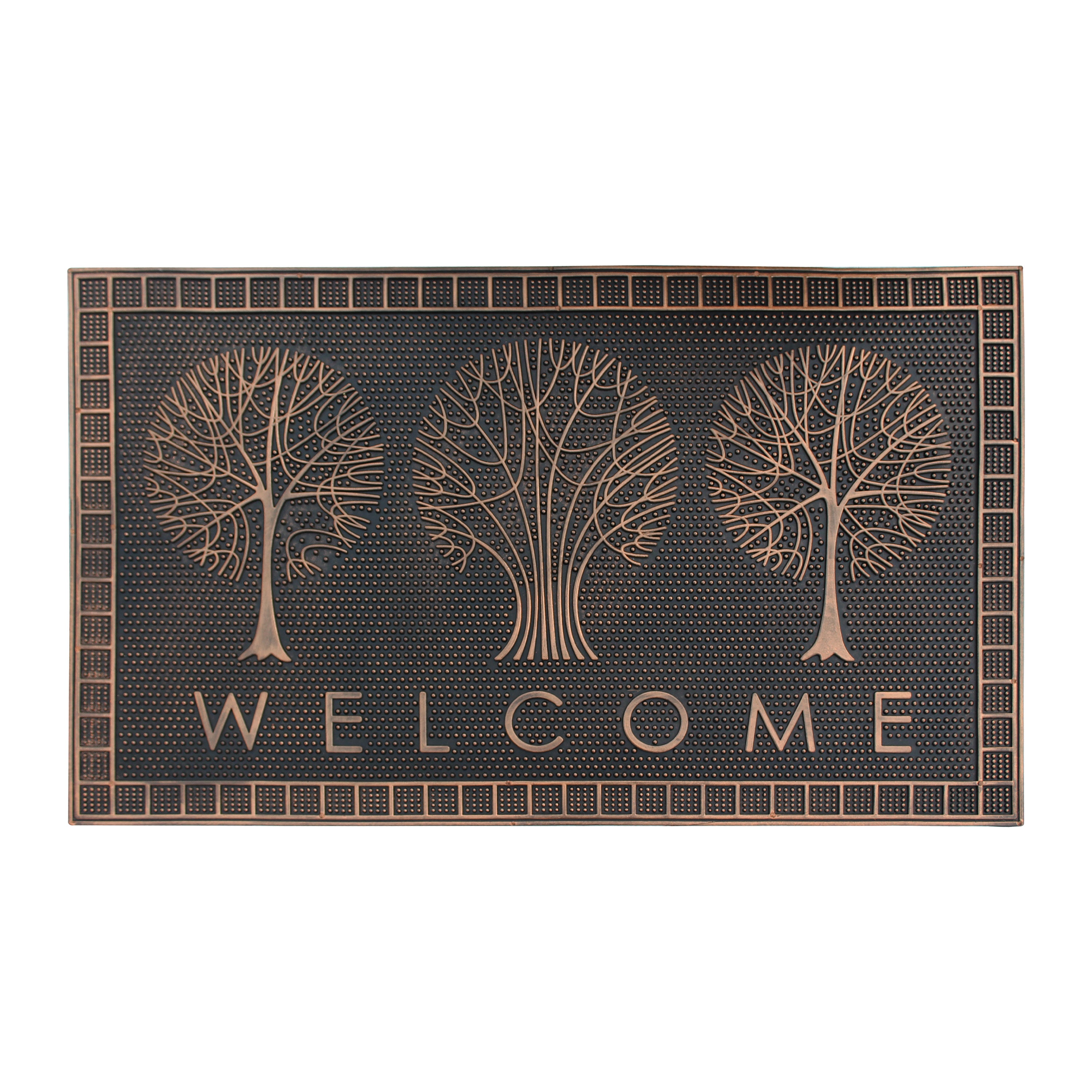 Rubber door mat with tree design and welcome text