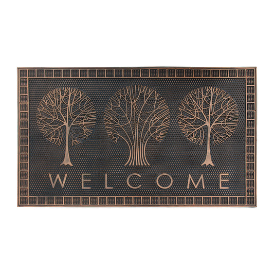 Rubber door mat with tree design and welcome text
