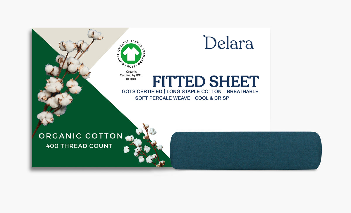 Delara 100% Organic Cotton Percale Weave Fitted Sheet, 400 Thread Count GOTS Certified, Smooth & Breathable Bedding
