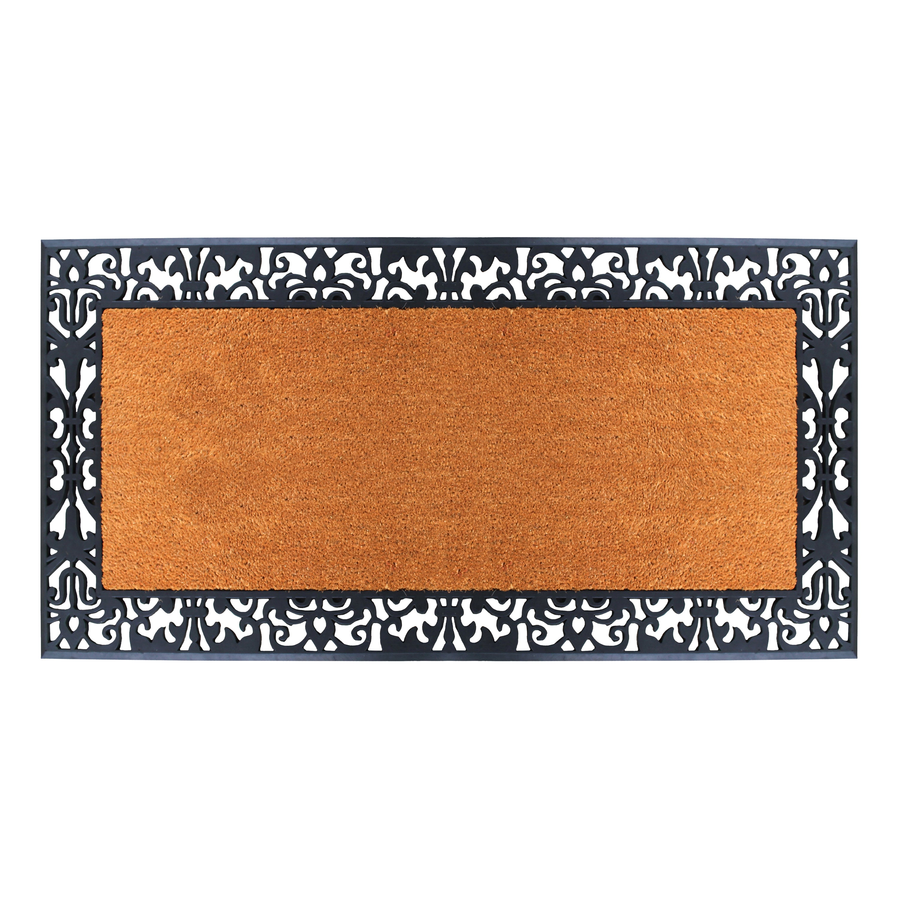 Rubber coir door mat with decorative border for outdoor entrance