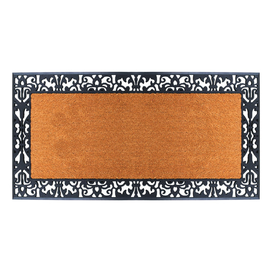 Rubber coir door mat with decorative border for outdoor entrance