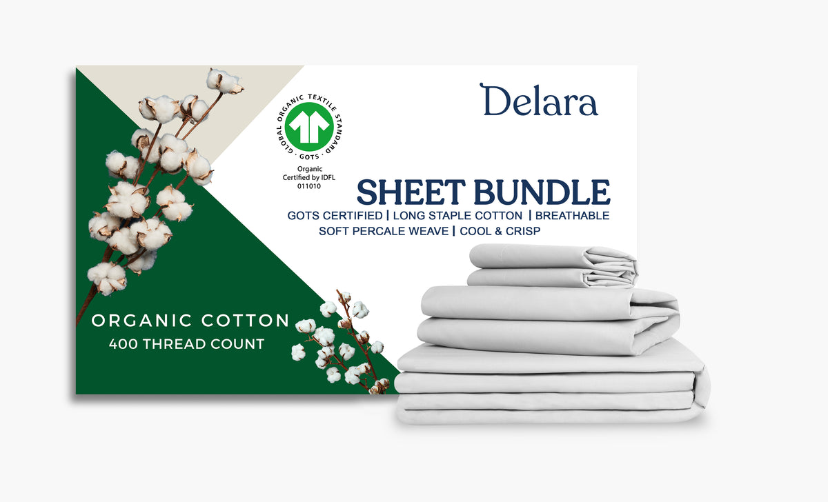 Delara GOTS Certified 100% Organic Cotton Percale 400TC Bedding Bundle, Moisture-Wicking, Smooth & Breathable Sheet Bundle