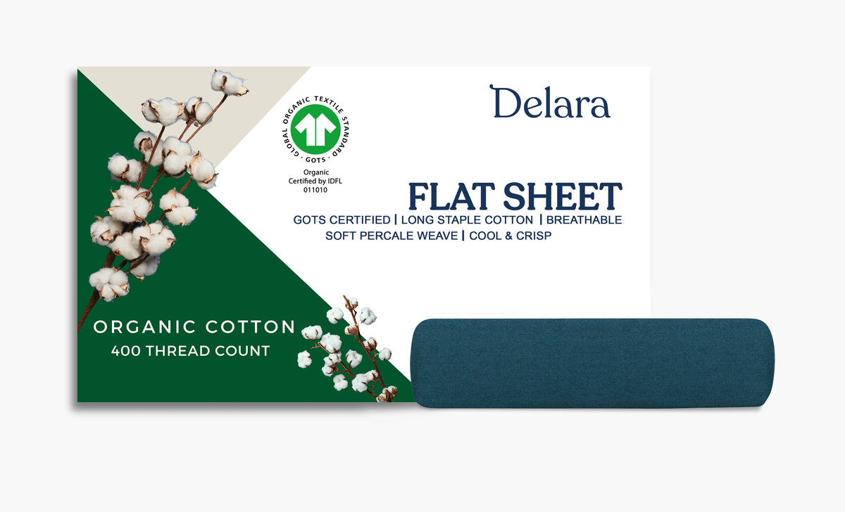 Delara 100% Organic Cotton Percale Weave Flat Sheet, 400 Thread Count GOTS Certified, Smooth & Moisture-Wicking Breathable Bedding