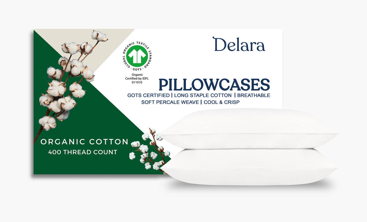 Delara 100% Organic Cotton Percale Weave Pillowcase Set of 2, 400TC GOTS Certified, Smooth & Moisture-Wicking Pillowcases
