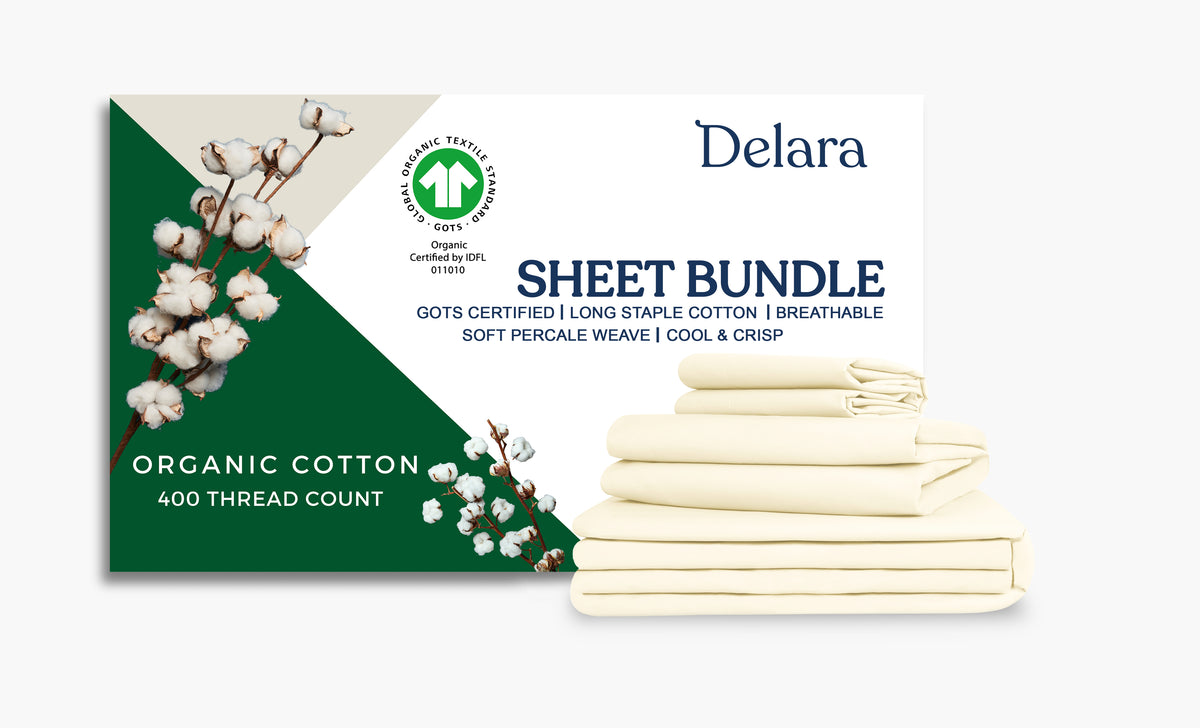 Delara GOTS Certified 100% Organic Cotton Percale 400TC Bedding Bundle, Moisture-Wicking, Smooth & Breathable Sheet Bundle