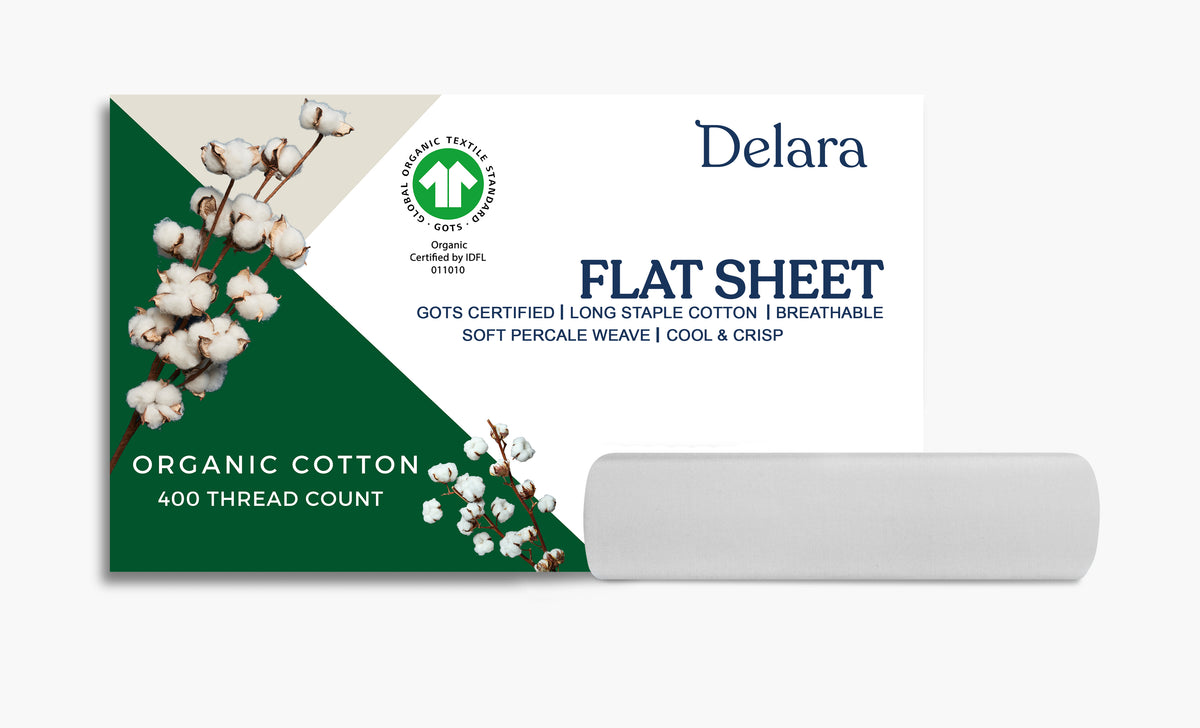 Delara 100% Organic Cotton Percale Weave Flat Sheet, 400 Thread Count GOTS Certified, Smooth & Moisture-Wicking Breathable Bedding
