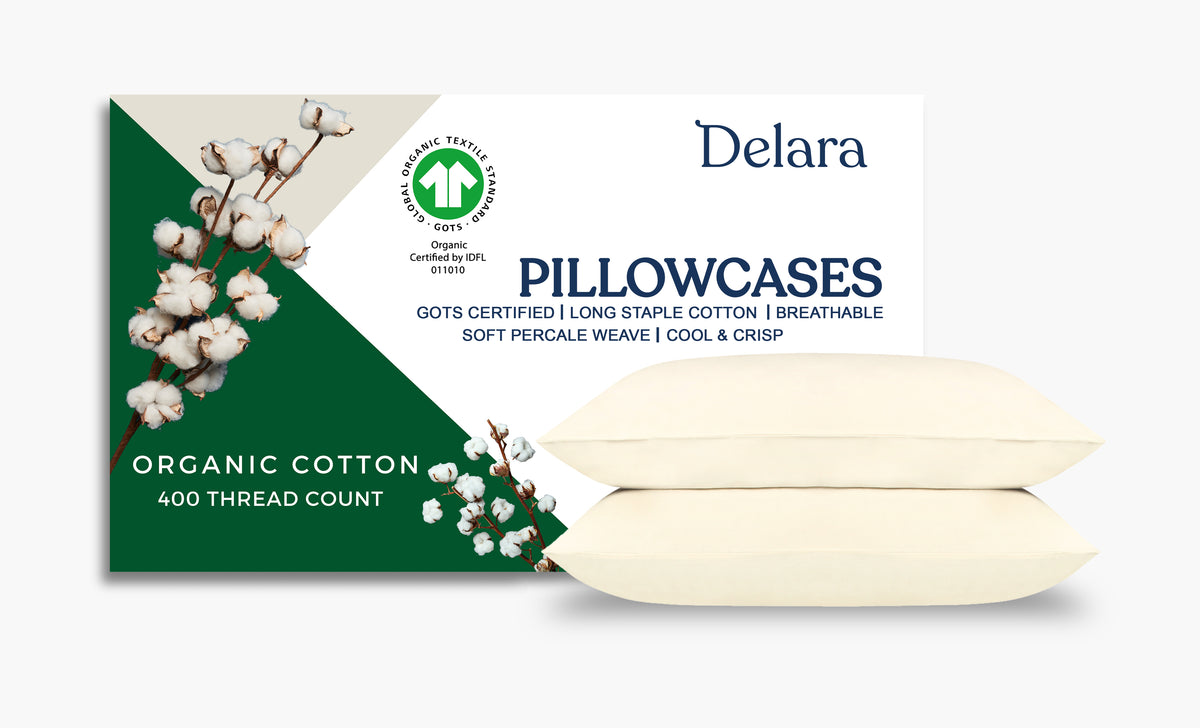 Delara 100% Organic Cotton Percale Weave Pillowcase Set of 2, 400TC GOTS Certified, Smooth & Moisture-Wicking Pillowcases