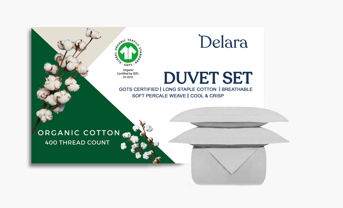 Delara GOTS Certified 100% Organic Cotton Percale Duvet Cover Set and Sham 400TC, Ultra Soft, Smooth & Breathable