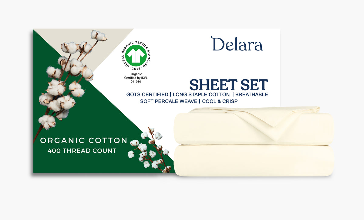 Delara 100% Organic Cotton Percale Weave Sheet sets, 400 TC GOTS Certified, Smooth & Moisture-Wicking Sheets and Pillowcase
