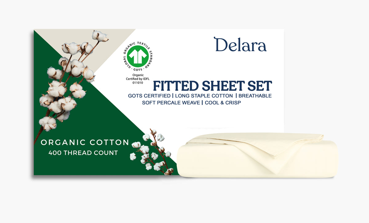 Delara 100% Organic Cotton Percale Weave Fitted Sheet Sets, Smooth & Moisture-Wicking, Soft & Silky Breathable Bedding