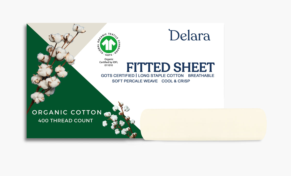 Delara 100% Organic Cotton Percale Weave Fitted Sheet, 400 Thread Count GOTS Certified, Smooth & Breathable Bedding