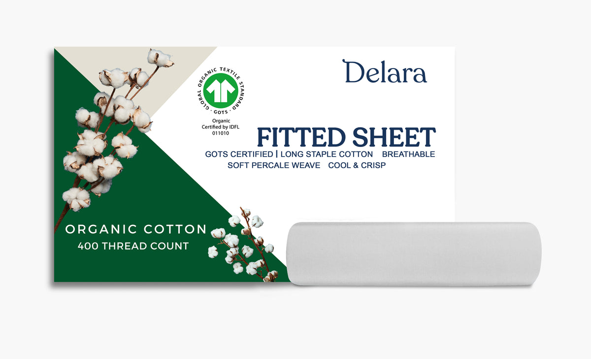 Delara 100% Organic Cotton Percale Weave Fitted Sheet, 400 Thread Count GOTS Certified, Smooth & Breathable Bedding
