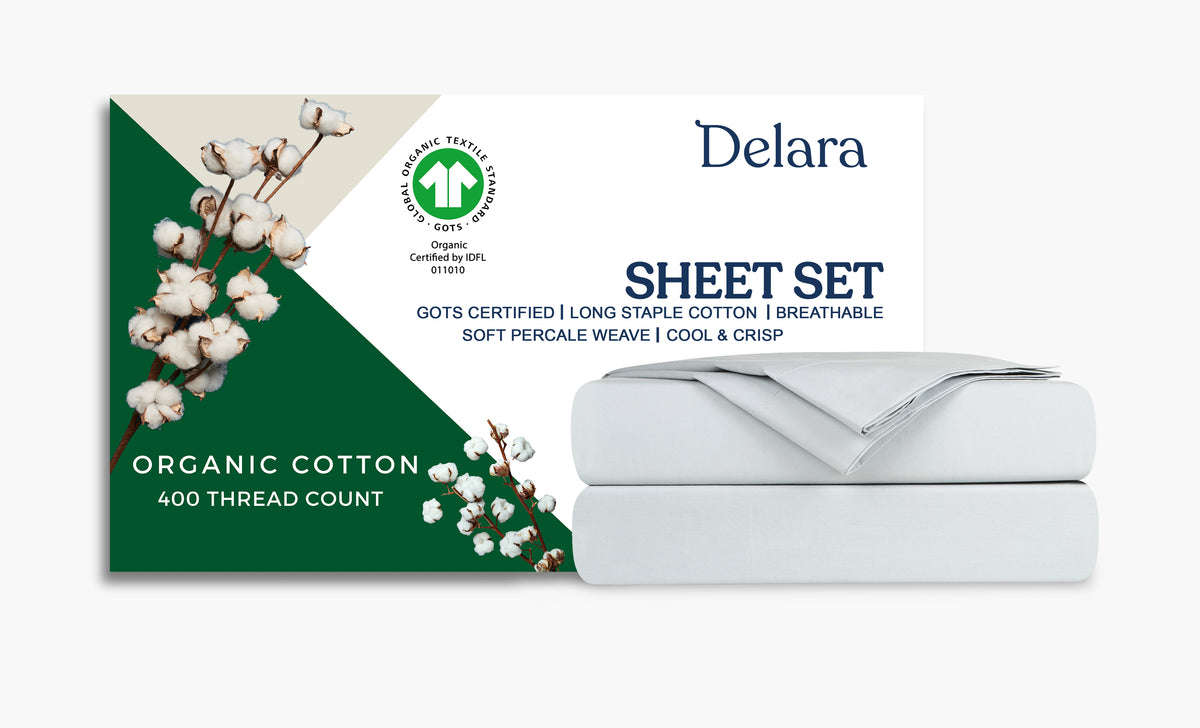 Delara 100% Organic Cotton Percale Weave Sheet sets, 400 TC GOTS Certified, Smooth & Moisture-Wicking Sheets and Pillowcase