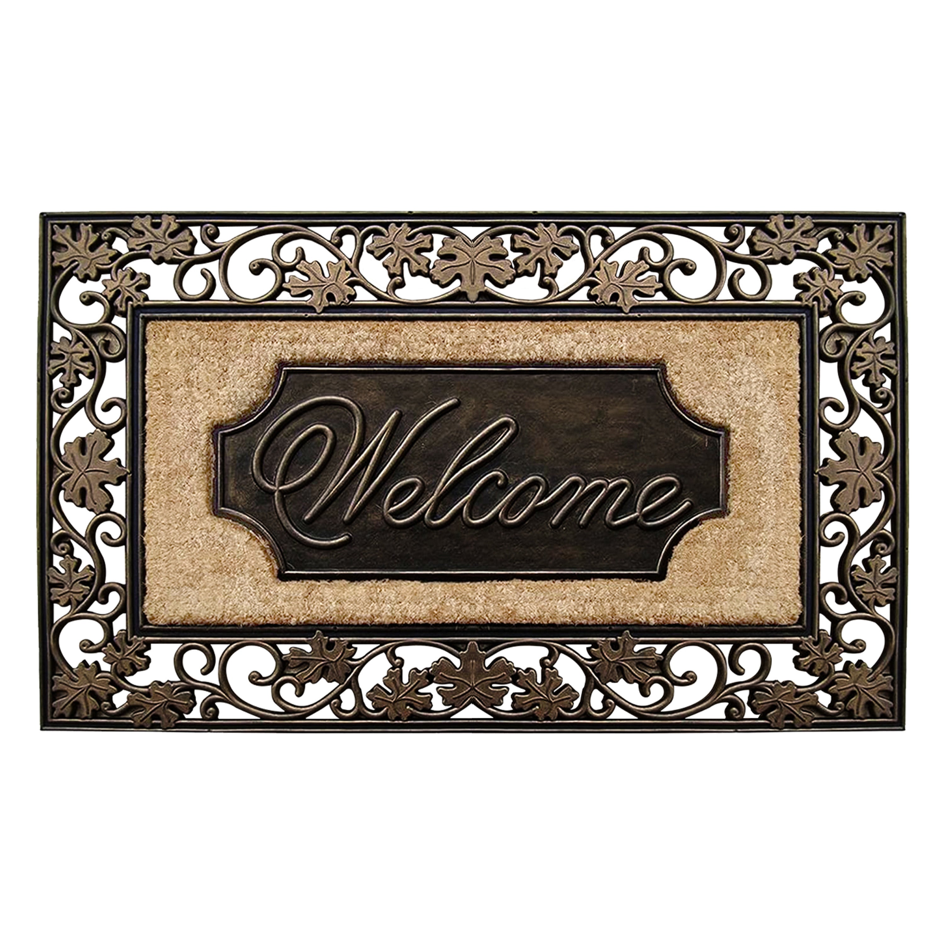 rubber coir door mat welcome plaque scroll border outdoor