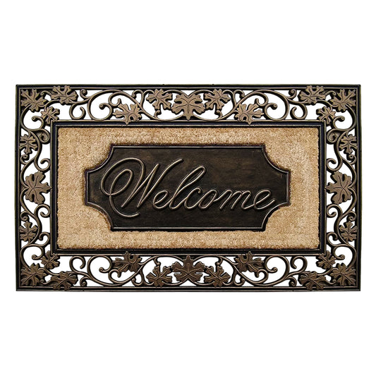 rubber coir door mat welcome plaque scroll border outdoor