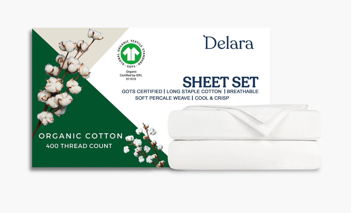 Delara 100% Organic Cotton Percale Weave Sheet sets, 400 TC GOTS Certified, Smooth & Moisture-Wicking Sheets and Pillowcase