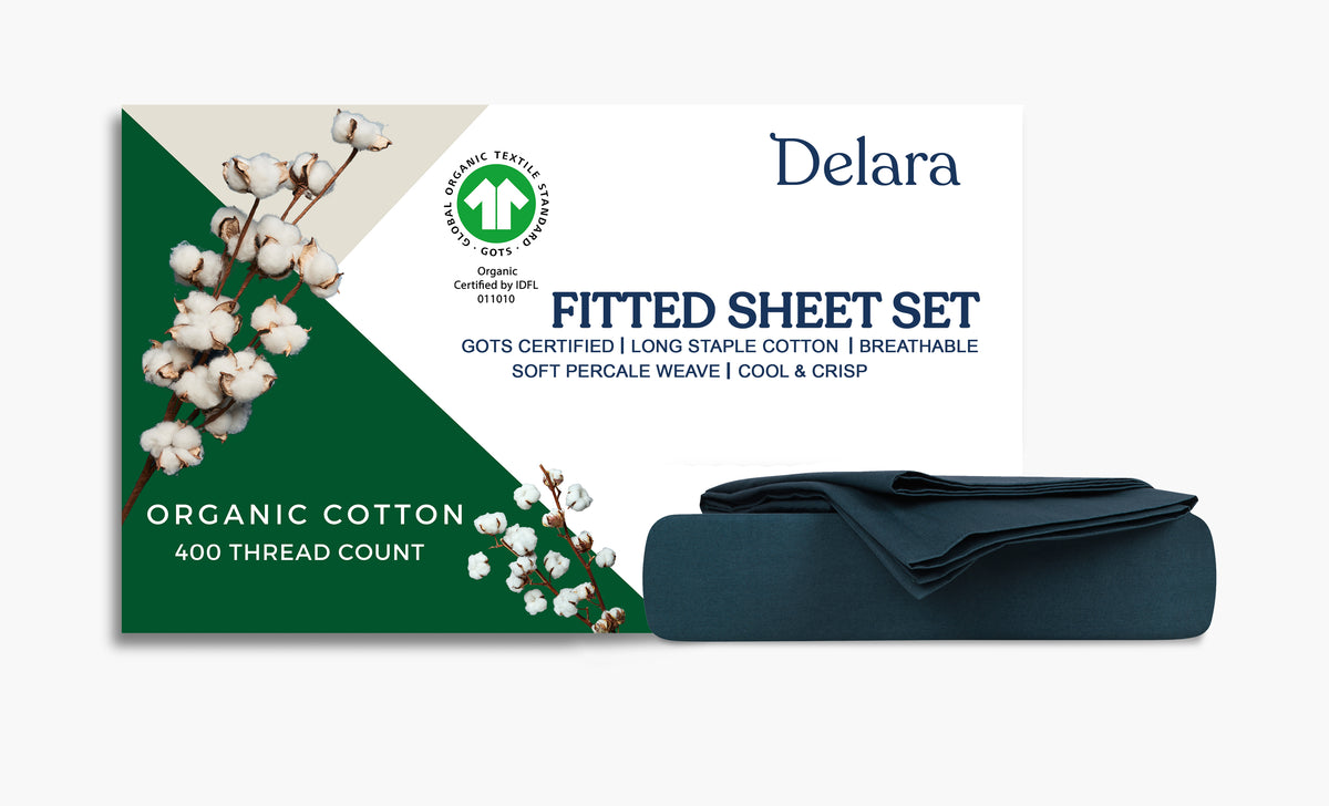 Delara 100% Organic Cotton Percale Weave Fitted Sheet Sets, Smooth & Moisture-Wicking, Soft & Silky Breathable Bedding