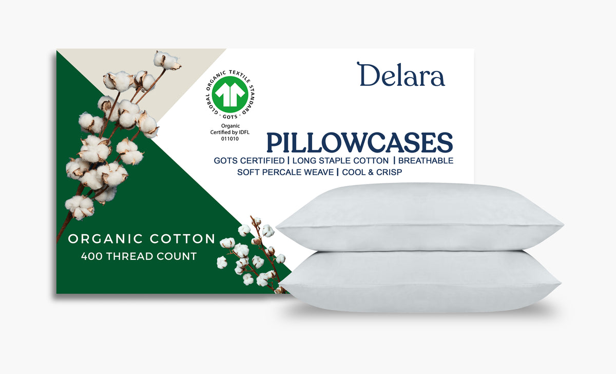 Delara 100% Organic Cotton Percale Weave Pillowcase Set of 2, 400TC GOTS Certified, Smooth & Moisture-Wicking Pillowcases