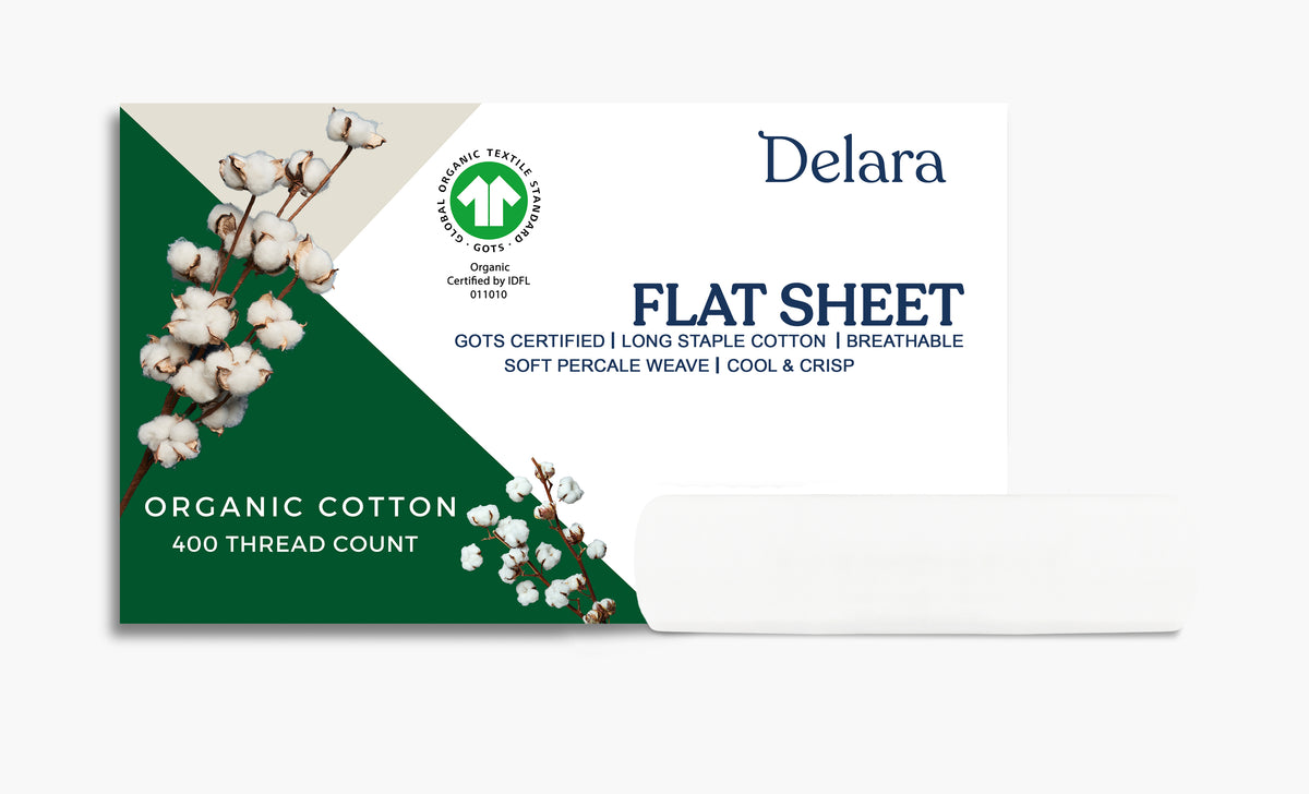 Delara 100% Organic Cotton Percale Weave Flat Sheet, 400 Thread Count GOTS Certified, Smooth & Moisture-Wicking Breathable Bedding