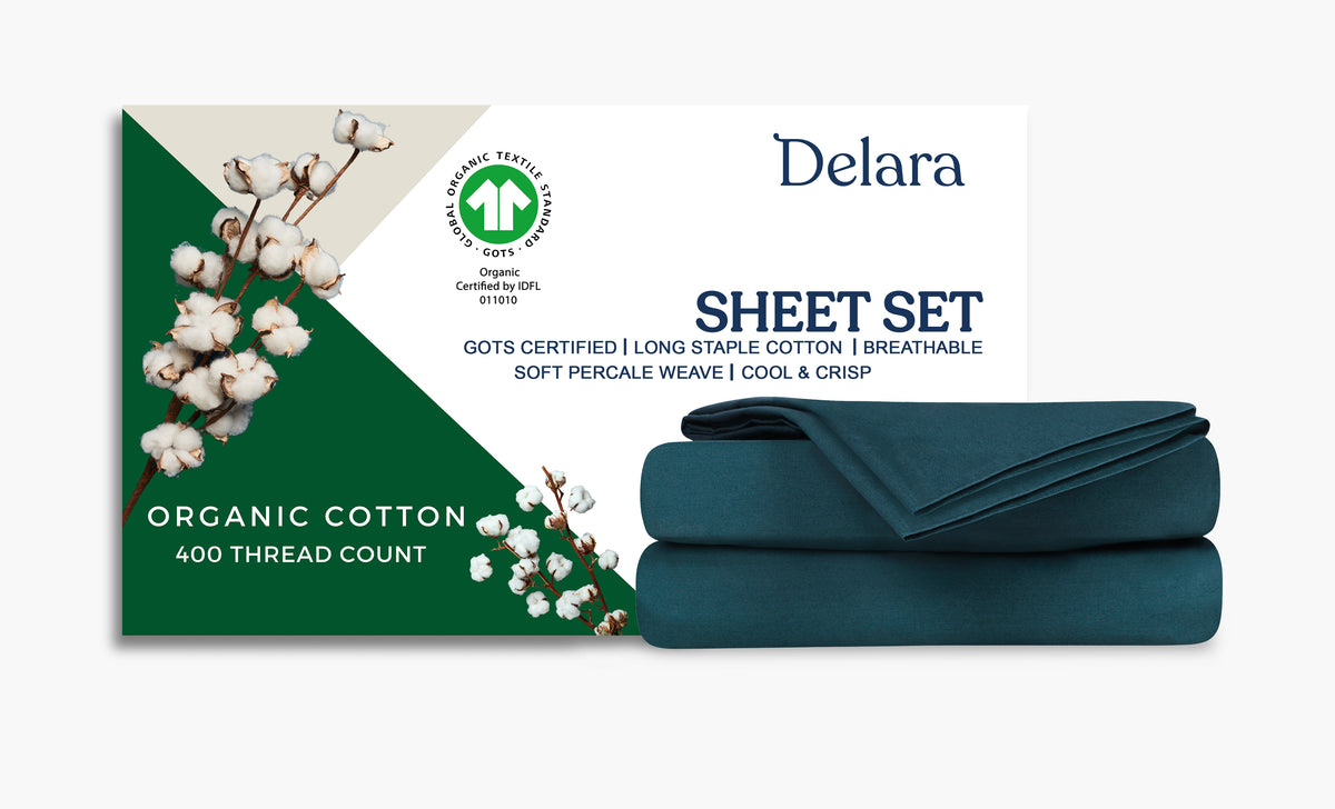 Delara 100% Organic Cotton Percale Weave Sheet sets, 400 TC GOTS Certified, Smooth & Moisture-Wicking Sheets and Pillowcase