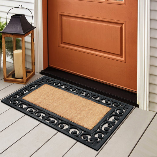 coir doormat with ornate rubber frame front door