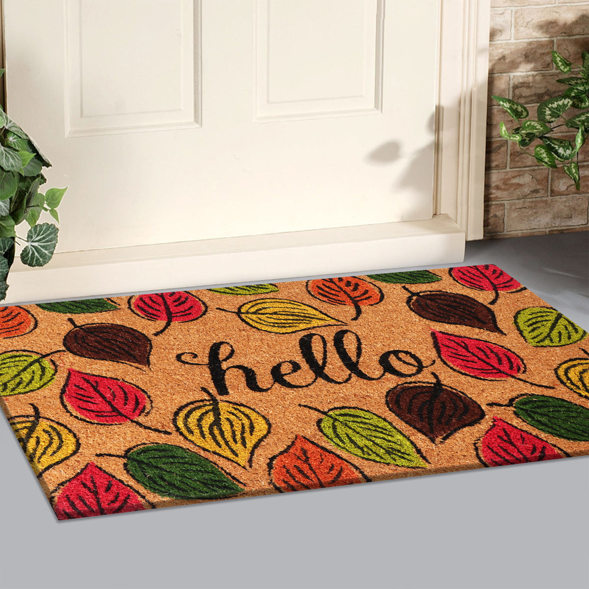 A1HC Natural Coco Coir Door Mat Hello Autumn Leaves Doormat with Heavy Duty Non-Slip PVC Backing - 18" x 30" - Easy to Clean, Welcome Mat for Home, Low-Profile Durable Doormat