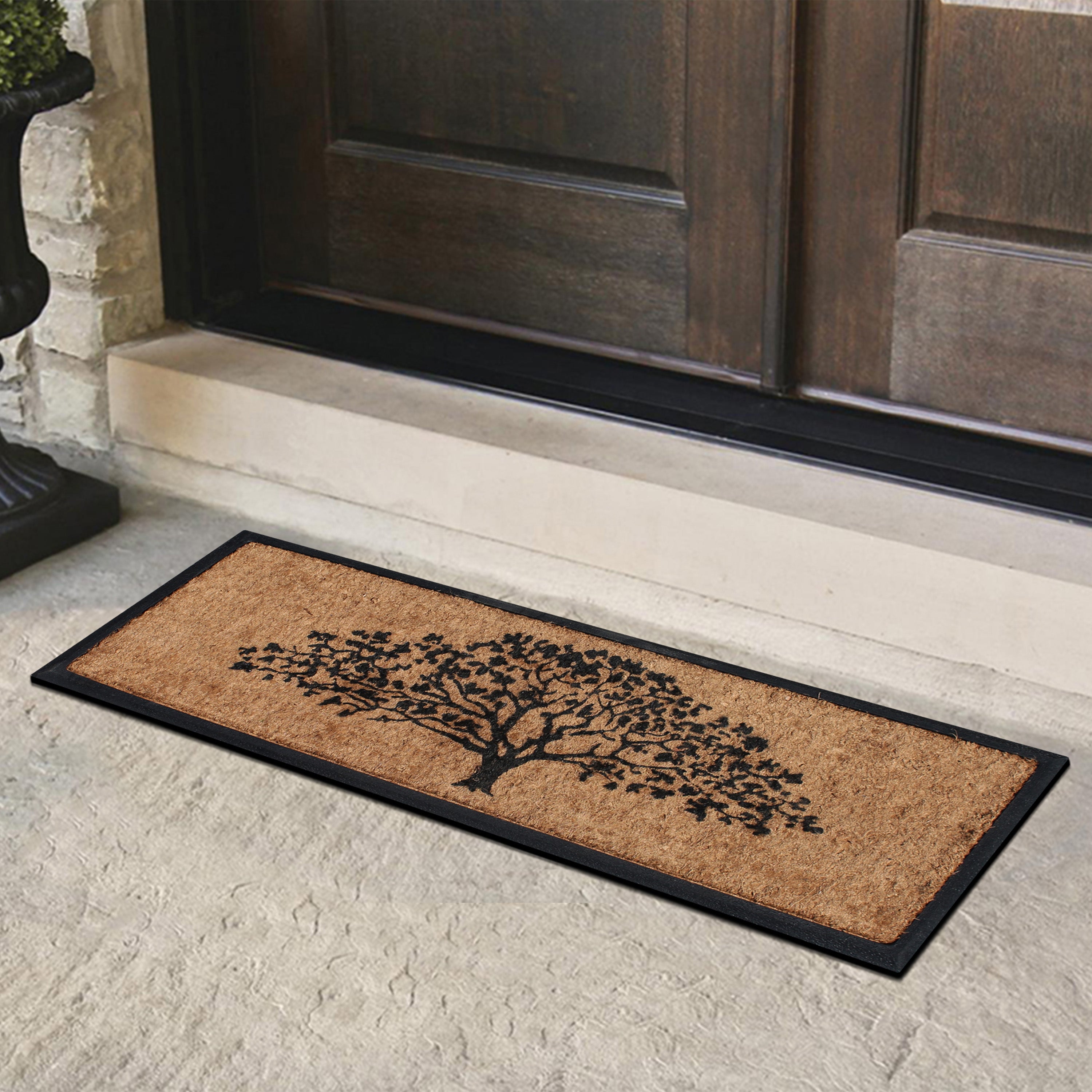 long outdoor door mat with tree pattern and coir surface