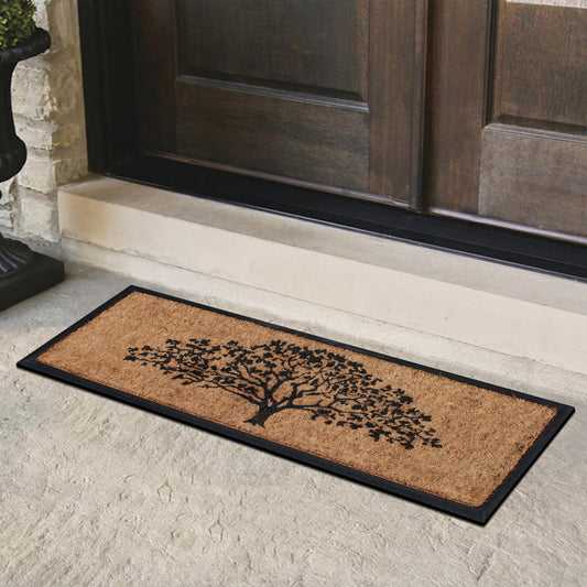 long outdoor door mat with tree pattern and coir surface