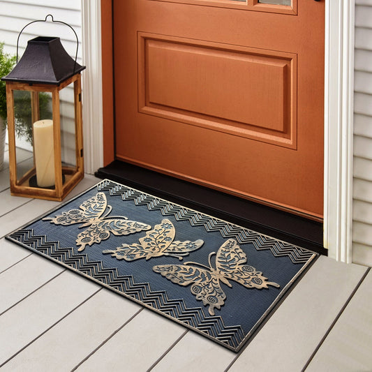 Decorative butterfly rubber front door mat with non-slip backing