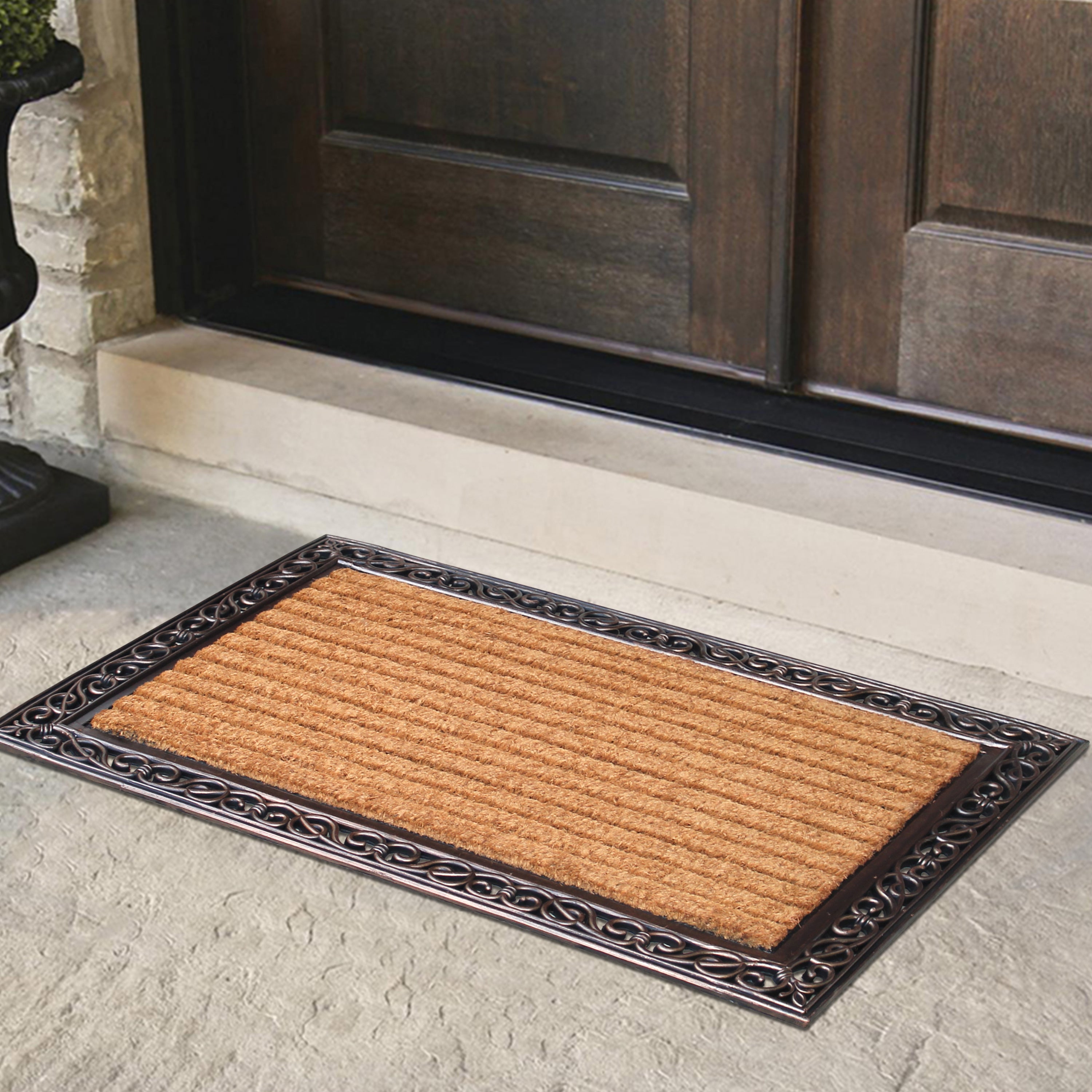 outdoor coir door mat with rubber border and slatted design
