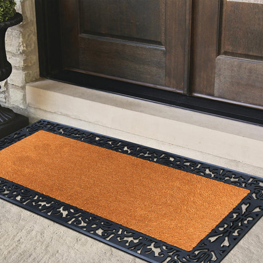 Outdoor entry mat with natural coir center and rubber frame