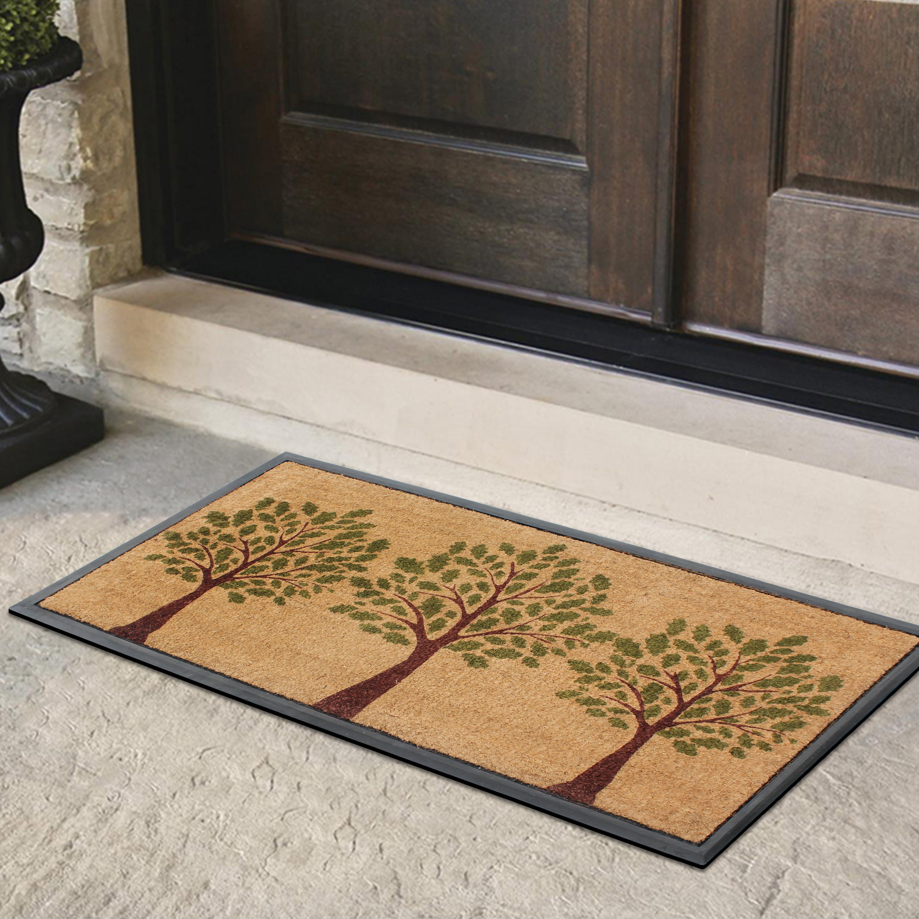 Natural coir doormat with printed trees and non slip backing
