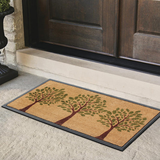 Natural coir doormat with printed trees and non slip backing