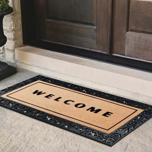 Outdoor welcome doormat with decorative rubber border