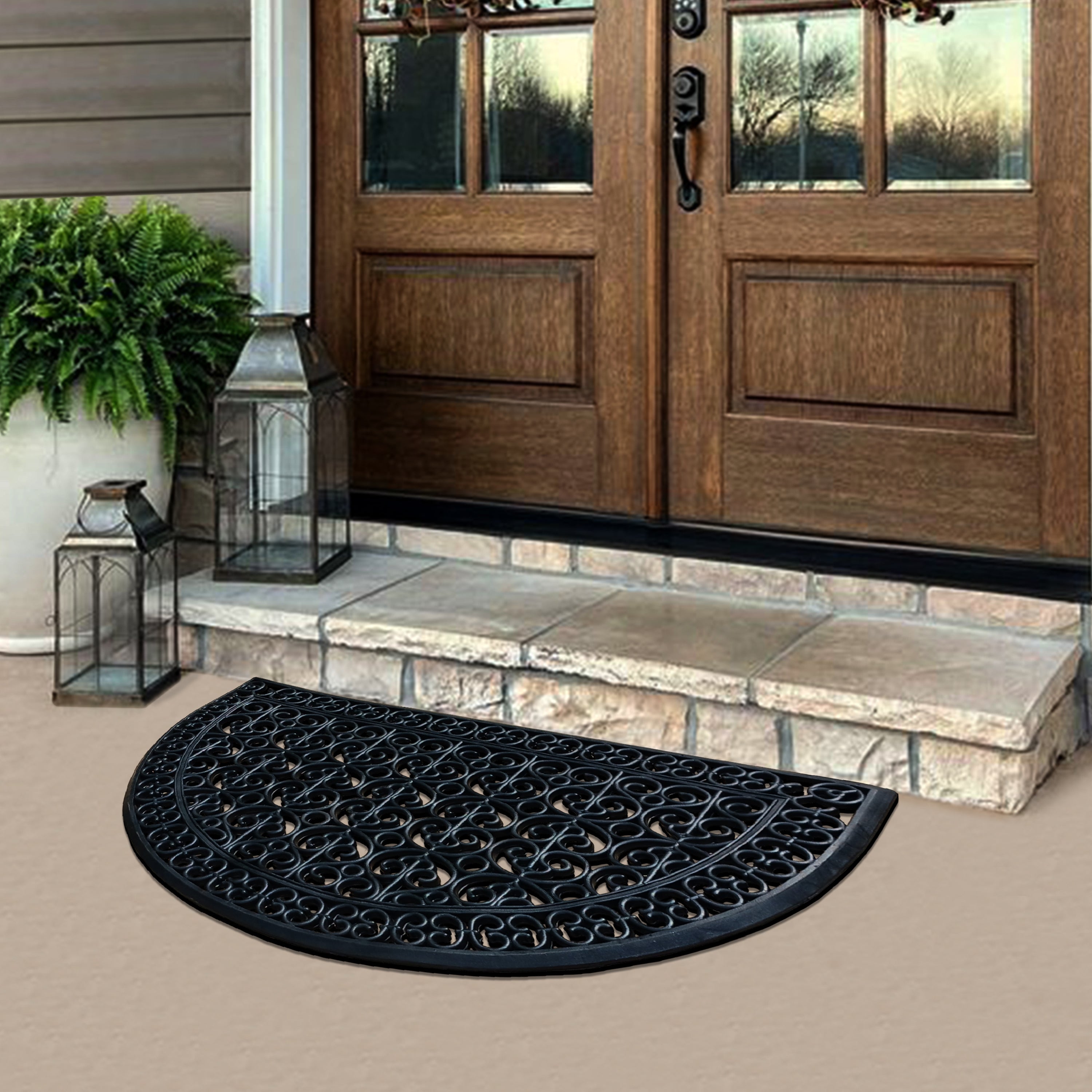 scrollwork half moon rubber doormat outside entrance
