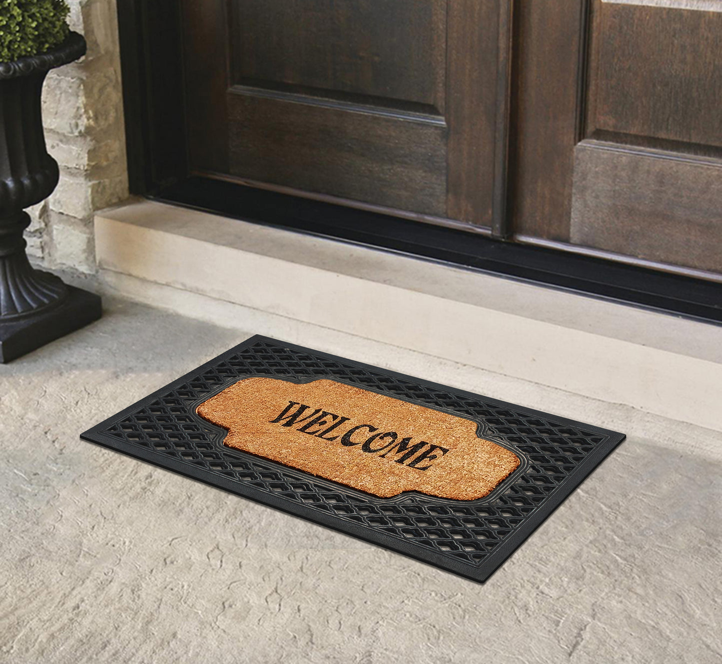 A1HC Natural Coir and Rubber Welcome Floral Design Door Mat, 23" x 38",  Heavy Duty Doormats, Black