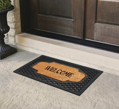 A1HC Natural Coir and Rubber Welcome Floral Design Door Mat, 23" x 38",  Heavy Duty Doormats, Black