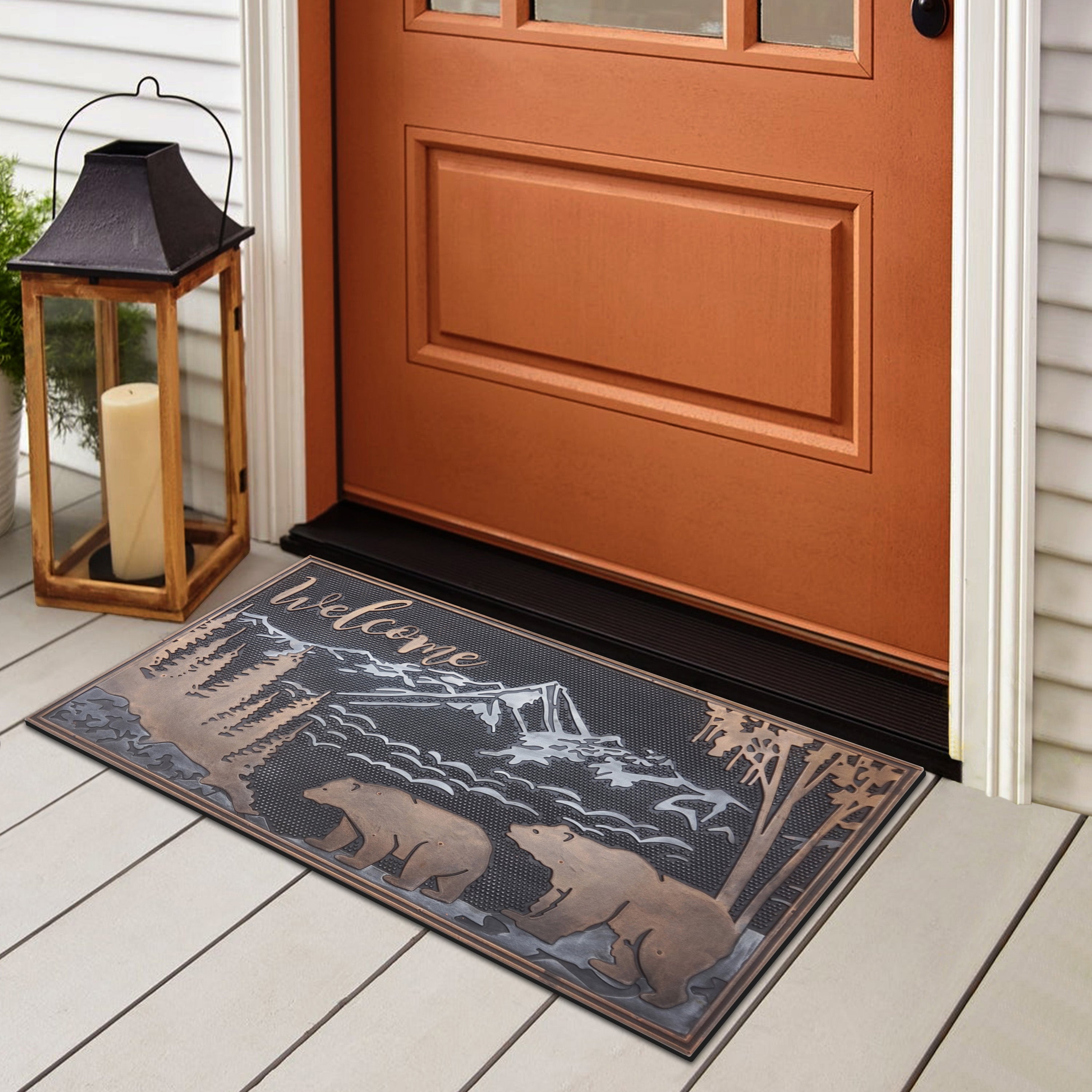 Outdoor rubber doormat with bear and mountain landscape