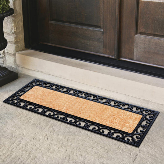 rubber coir front door mat with decorative scroll border